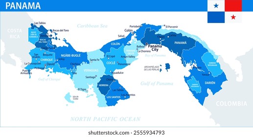 Panama Map Vector Blue Spot - Customizable layered political map of Panama with administrative divisions for website, education, reports, news, politics, print, poster and wallpaper