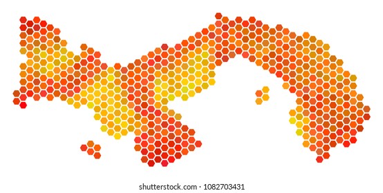 Panama map. Vector honeycomb territory scheme drawn with flame color tones. Impressive Panama map concept is formed of burn hex-tile spots.