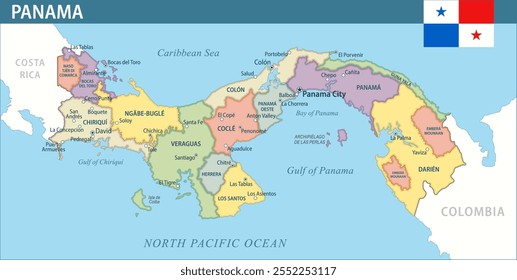 Panamá Mapa Vetor Novo 2024 Colorido - Personalizável em camadas mapa político do Panamá com divisões administrativas para site, educação, relatórios, notícias, política, impressão, cartaz e papel de parede