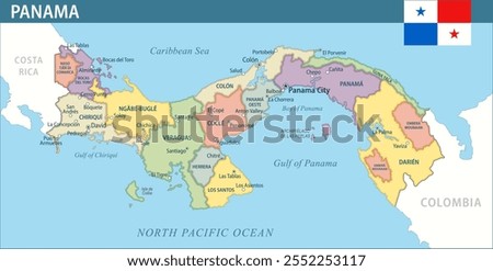 Panama Map Vector New 2024 Colorful - Customizable layered political map of Panama with administrative divisions for website, education, reports, news, politics, print, poster and wallpaper