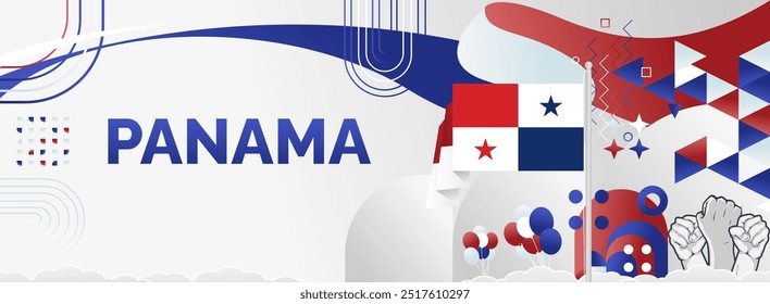 Panama National Day background with abstract shapes in flag colors, red, blue and white. Modern creative style. Templates for independence day greeting card, horizontal poster, and header for website.