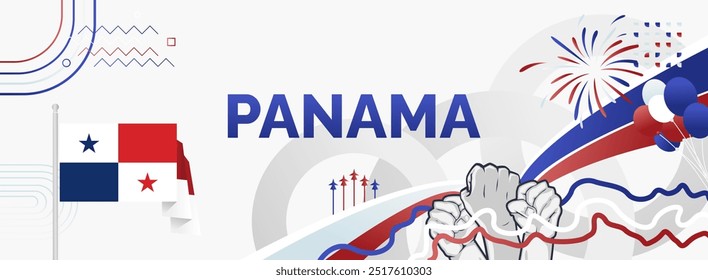 Panama National Day background with abstract shapes in flag colors, red, blue and white. Modern creative style. Templates for independence day greeting card, horizontal poster, and header for website.