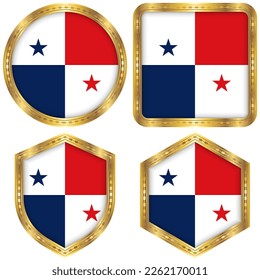 Panama National Flag Collection Set of Circular, Square, Shield, Hexagon Gold Border Logo Button Icon Vector Design Isolated on White Background
