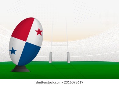 Panama national team rugby ball on rugby stadium and goal posts, preparing for a penalty or free kick. Vector illustration.