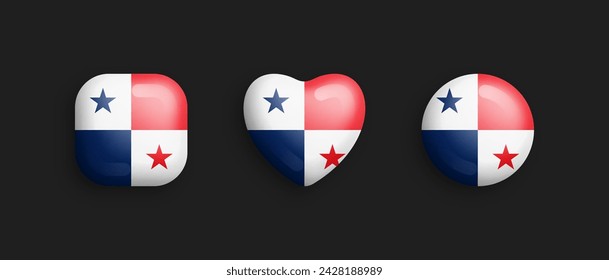 Panama Official National Flag 3D Vector Glossy Icons In Rounded Square, Heart And Circle Shapes Isolated On Black. Panamanian Sign And Symbols Graphic Design Elements Volumetric Button Collection