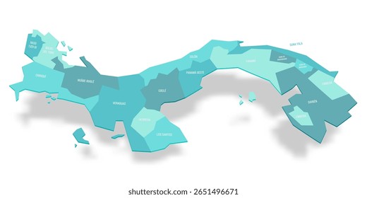 Panamá mapa político de divisões administrativas - províncias. Mapa de vetor turquesa 3D com rótulos de nome.
