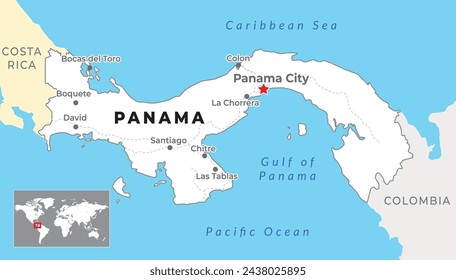 Panama Political Map with capital Panama City, most important cities and national borders