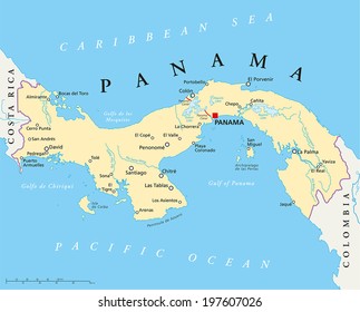 Panama Political Map with capital, national borders, most important cities, rivers and lakes. Vector illustration with English labeling and scaling.