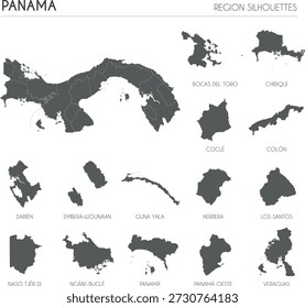 Panama region silhouettes set and blank map of the country isolated on white background. Vector illustration design