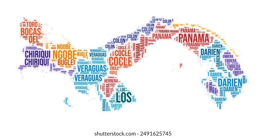 In: Panama Region World Cloud. Country-Shape-Design. Panamafarbene Darstellung. Region benennt Collage Cloud. Vektorillustration.