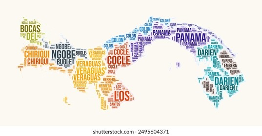 Panama regions word cloud. Country logo design. Regions typography style vector image. Panama colored text cloud. Creative vector illustration.