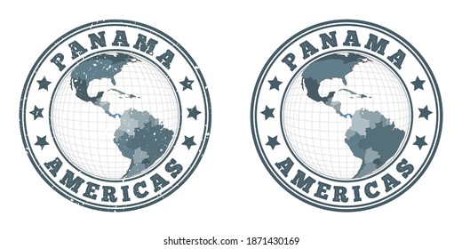 Panama round logos. Circular badges of country with map of Panama in world context. Plain and textured country stamps. Vector illustration.