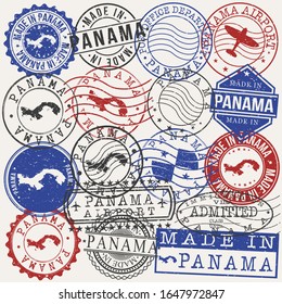 Panama Set of Stamps. Travel Passport Stamps. Made In Product. Design Seals in Old Style Insignia. Icon Clip Art Vector Collection.