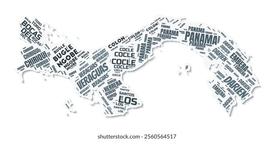 Panama shape text cloud. Country border with shadow on white background. Panama with regions division in vintage gazette style. Creative vector illustration.