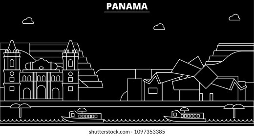 Panama silhouette skyline, vector city, panamanian linear architecture, buildings. Panama travel illustration, outline landmarkflat icon, panamanian line banner