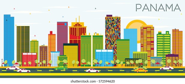 Panama Skyline with Color Buildings and Blue Sky. Vector Illustration. Business Travel and Tourism Concept. Image for Presentation Banner Placard and Web Site.