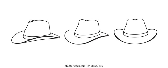 Sombrero de hombre estilo Panamá en tres direcciones de vista, contorno de Ilustración vectorial aislado, eps