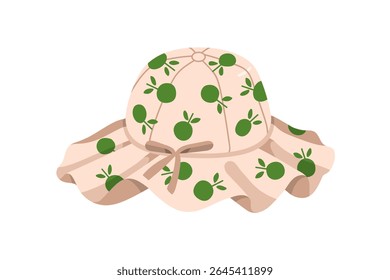 Panama, summer sunhat with bow and print. Beach sun protection hat for kids, with folding brim, fruit pattern. Head clothing, girls headwear. Flat vector illustration isolated on white background