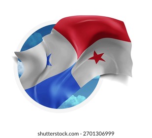 Panama, vector 3d flag against a blue sky, through a round hole on a white background