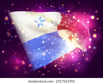 Panamá, bandera vectorial 3d sobre fondo púrpura rosa con iluminación y bengalas