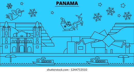 Panama winter holidays skyline. Merry Christmas, Happy New Year decorated banner with Santa Claus.Panama linear christmas city vector flat illustration