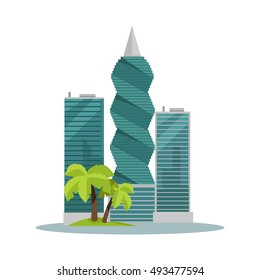 Panama-city buildings vector illustration. Skyscrapers in Panama capital. Modern architecture concept with palm trees in flat style design. F&F Revolution tower. Isolated on white background.