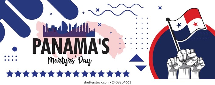 Panama's Martyrs' day or Panama banner with retro abstract geometric shapes, Panama flag and map. Red and blue colors scheme.Panama Unity Day. Vector Illustration