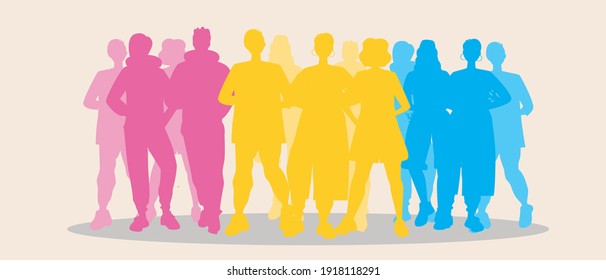 Panasexual people, isolated silhouettes. Flat vector stock illustration. Panasexuality concept, lgbtq people. Adult men, women are pansexual. Multicultural people, Afro. Pansexual illustration