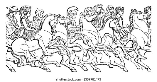 The Panathenaic procession where Greeks are riding horses, vintage line drawing or engraving illustration.