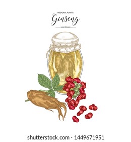 Panax Ginseng set. Ginseng root, leaves, berries with glass bottle isolated on white background. Medicinal plant collection. Colorful vector illustration. 