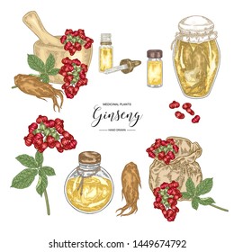 Panax Ginseng set. Ginseng root, leaves, berries with textile bagand glass bottles isolated on white background. Medicinal plant collection. Colorful vector illustration. 