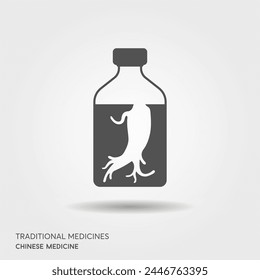 Panax Ginseng Tincture in glass bottle isolated. Vector illustration of ginseng root and plant in flat style. Vector Icon