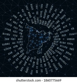 Panay digital map. Binary rays radiating around glowing island. Internet connections and data exchange design. Vector illustration.