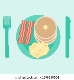 pancake, bacon and scramble egg, breakfast 