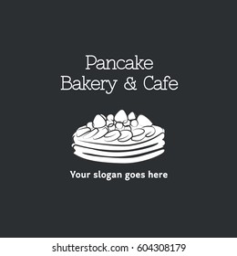 Pancake bakery and cafe logo vector, white on black background. Simple, modern and elegant style design.