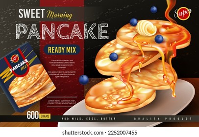 Pancake banner, waffle with syrup, food ad template. Snack menu with honey and butter, plate with delicious fluffy baking. Packaging product and advertising. Vector realistic exact 3d