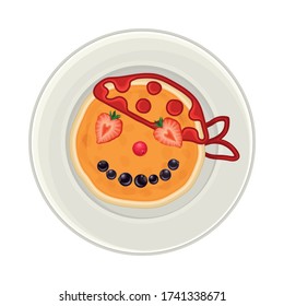 Pancake with Berries and Jam Arranged in the Shape of Pirate Face on Plate Above View Vector Illustration