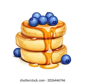 Pancake with blueberries and honey. Sweet dessert breakfast. Isolated on white background. Vector illustration.