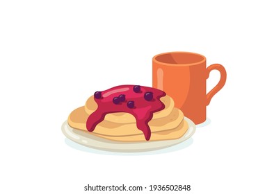 Pancake with blueberry maple syrup and coffee vector illustration isolated on white background