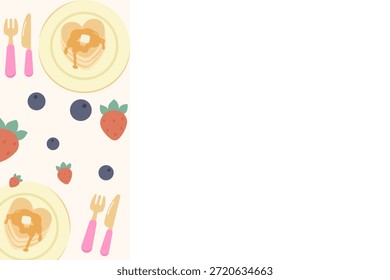 Fondo del día de San Valentín del desayuno del panqueque con el espacio lateral de la copia del borde. Plantilla de Foodie con pila de panqueques con mantequilla y fruta. Diseño plano de Vector para menú de la mañana o tarjeta de brunch.