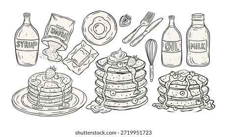 Pancake Breakfast Vector Set In Sketch Retro Style Cartoon Food Illustration