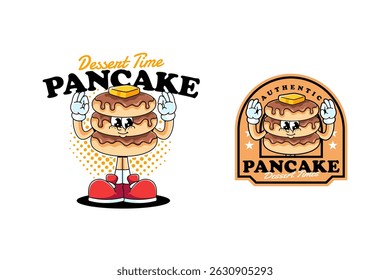 panqueca com manteiga e chocolate derretido desenho animado personagem mascote ilustração com pé e mão ok para restaurante, cafés, lanchonete, cafeteria, pastelaria, mascotes de sobremesa e mercadoria