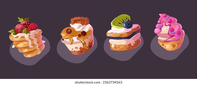 Pancake and cake dessert vector icon illustration. Cartoon sweet breakfast isolated set. Strawberry pastry and honey panna snack design for food menu. American bakery pile with berries and meringue
