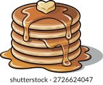 Pancake Cartoon Art – Breakfast Menu, Branding and Packaging. Stack of Pancakes with Syrup and Butter – Cute Food Illustration. Pancake Stack Clipart – Sweet Breakfast Illustration.