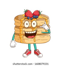 pancake cartoon character with call me hand sign and funny smile face