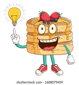 Pancake cartoon character has idea with light bulb and funny smile face