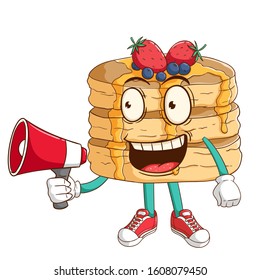 Pancake cartoon character holding megaphone with funny smile face