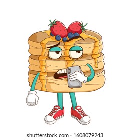 Pancake cartoon character holding a smartphone and calling someone with funny bad expression