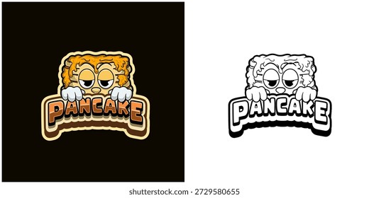 Logotipo de desenho animado panqueca com texto e uma alta expressão. Cor completa e design preto e branco. Design para adesivo, rótulo, tampa, embalagem, camiseta, negócios e produto. Vetores e ilustrações.