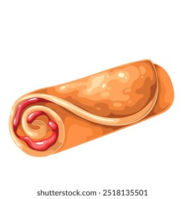 Rollo de dibujos animados de panqueque con mermelada de fresa. Sabroso crepe enrollado caliente con salsa dulce roja o jarabe para el postre de la mañana. Comida para el desayuno, mascota de cocina, Ilustración vectorial de plato de panqueque doblado de dibujos animados